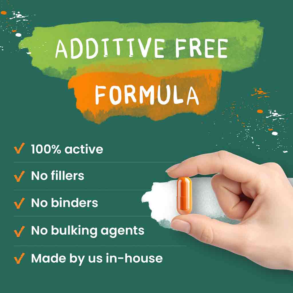 Hand holding a Turmeric and Black Pepper supplement capsule with 'Additive Free Formula' text and benefits listed on a green background.
