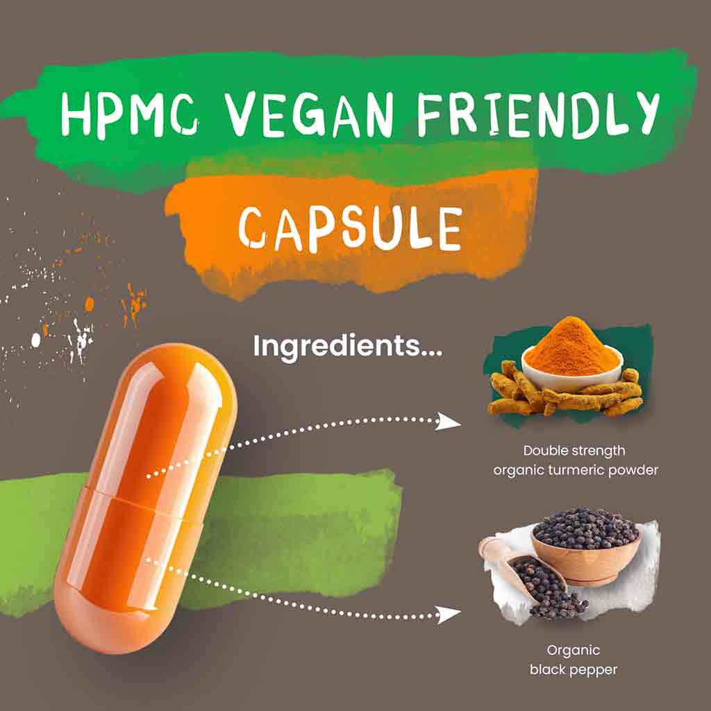 Vegan-friendly capsule with turmeric powder, organic black pepper, and HPMC on a gray background