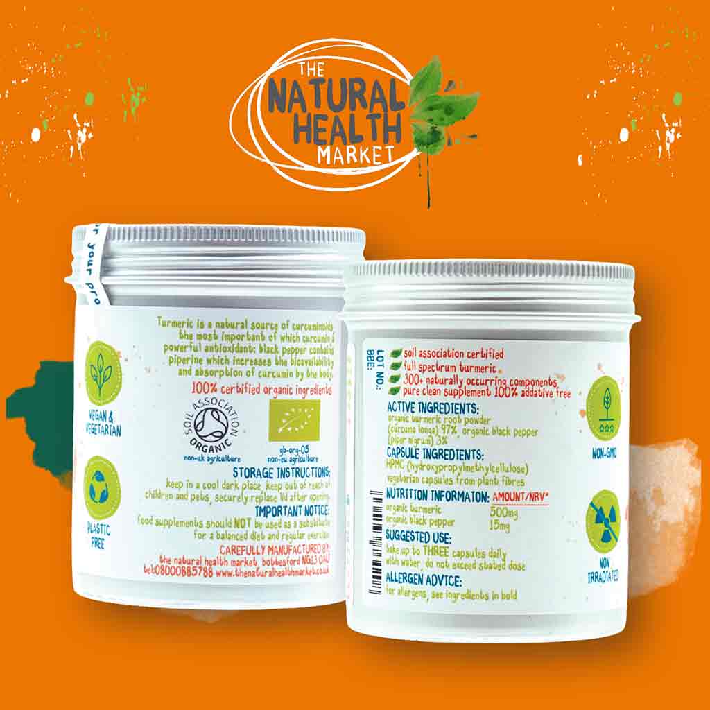 Front and back of Turmeric and Black pepper tins with labels on an orange background featuring 'The Natural Health Market' logo.