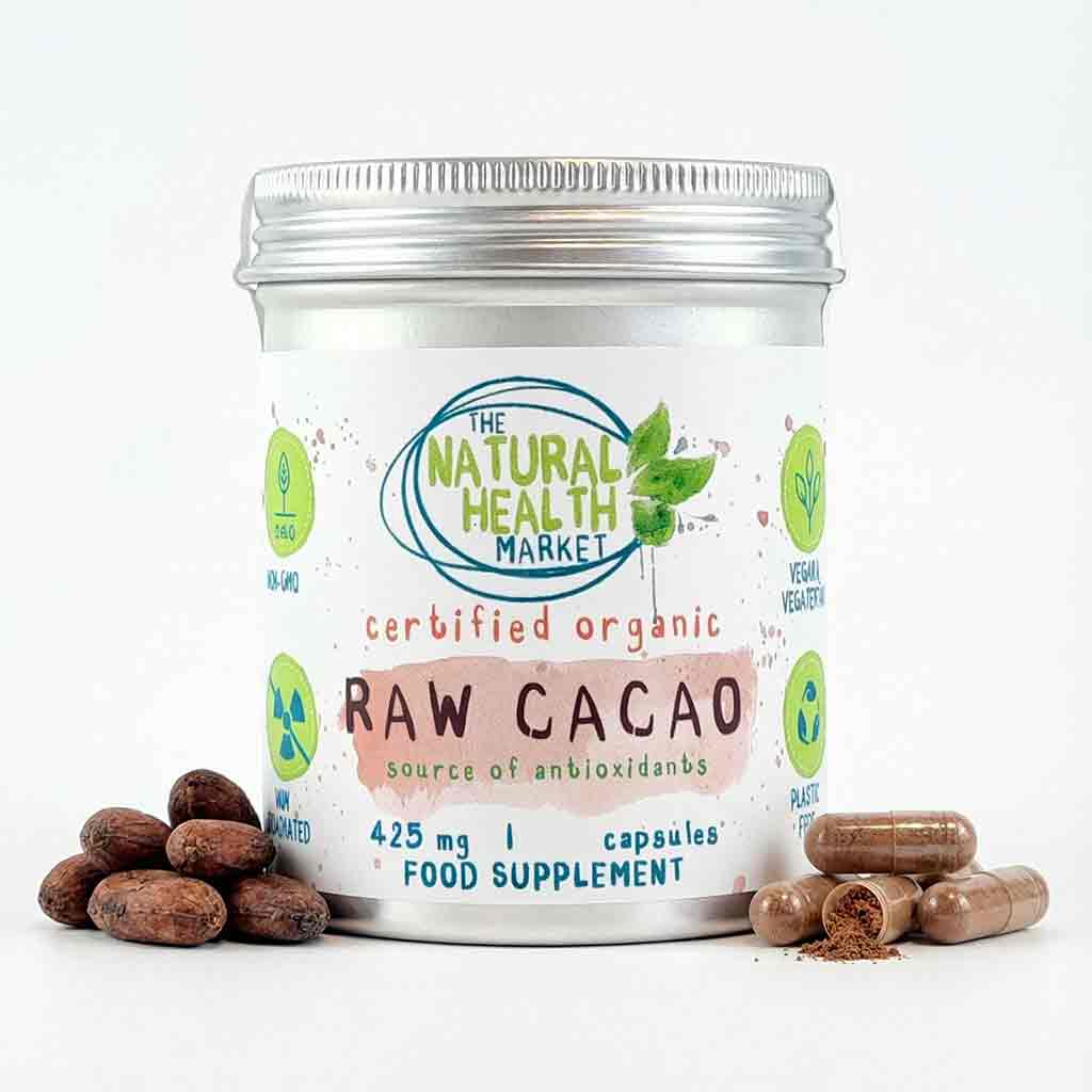 Container of raw cacao capsules from The Natural Health Market on a white background