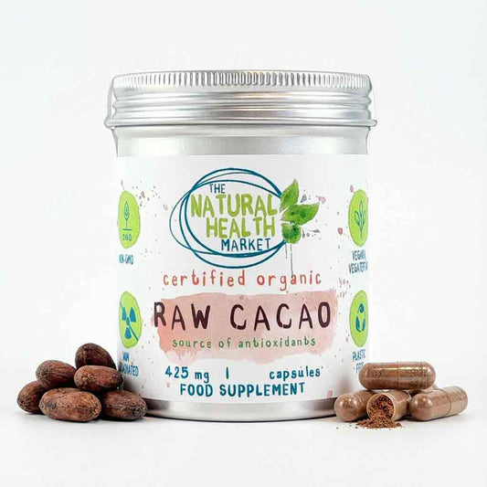 Container of raw cacao capsules from The Natural Health Market on a white background