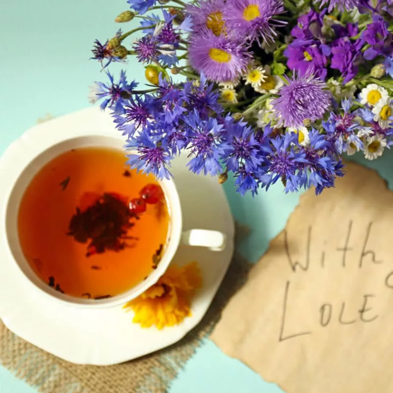 Organic herbal tea in a cup with fresh flowers.