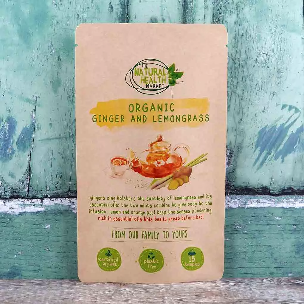 Organic ginger and lemongrass tea bags by The Natural Health Market - 15 bag pack.