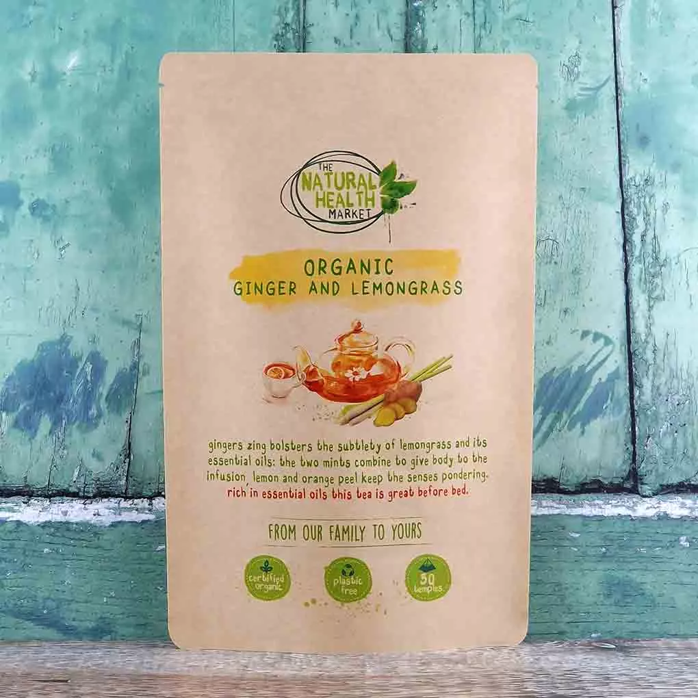 Organic ginger and lemongrass tea bags by The Natural Health Market - 50 bag pack.