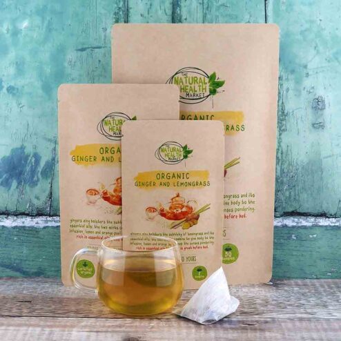 Organic ginger and lemongrass tea bags by The Natural Health Market - all sizes.