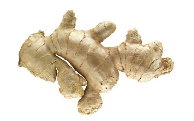 A large piece of ginger root on a white background.