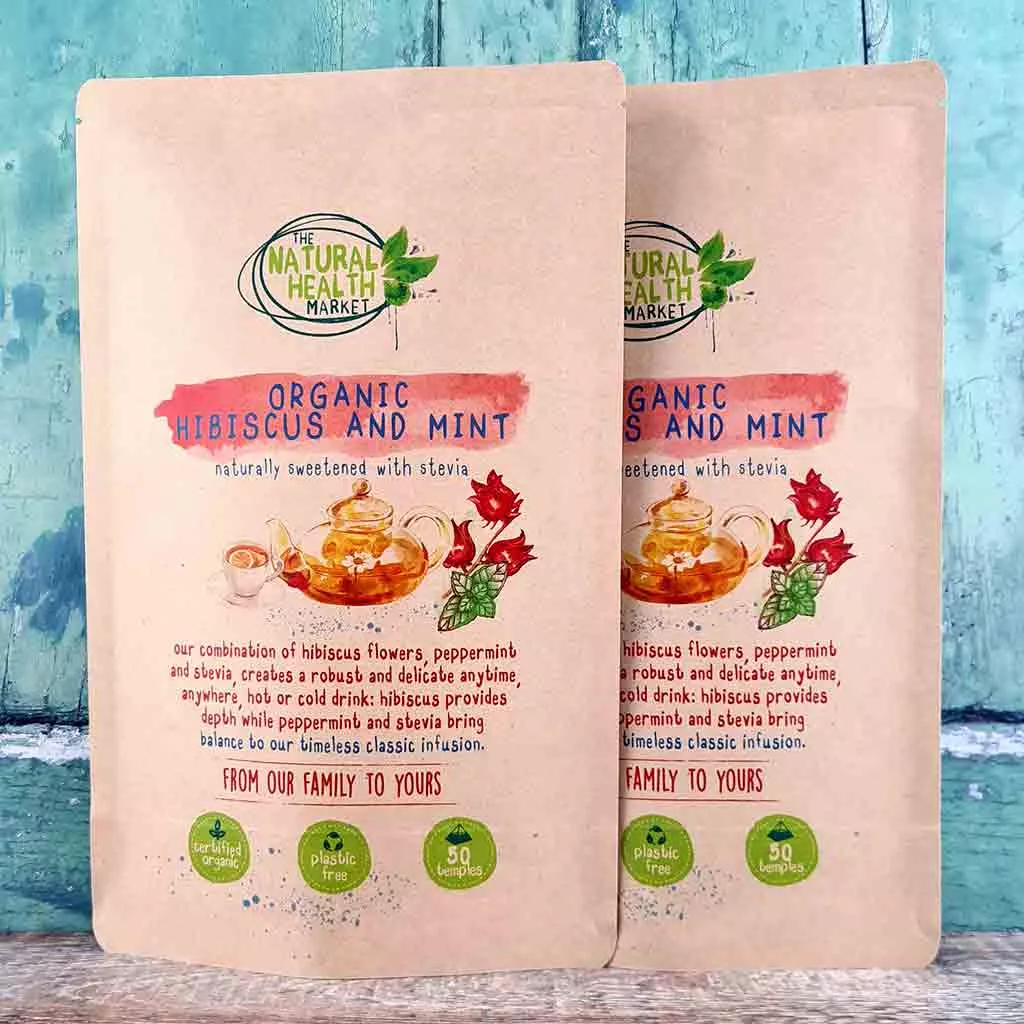 Organic Hibiscus and mint tea bags by The Natural Health market - 100 tea bag pack.