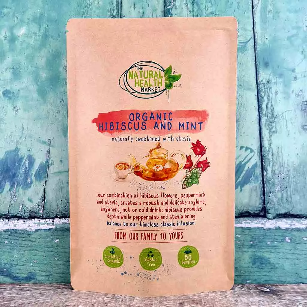 Organic Hibiscus and mint tea bags by The Natural Health market - 50 tea bag pack.