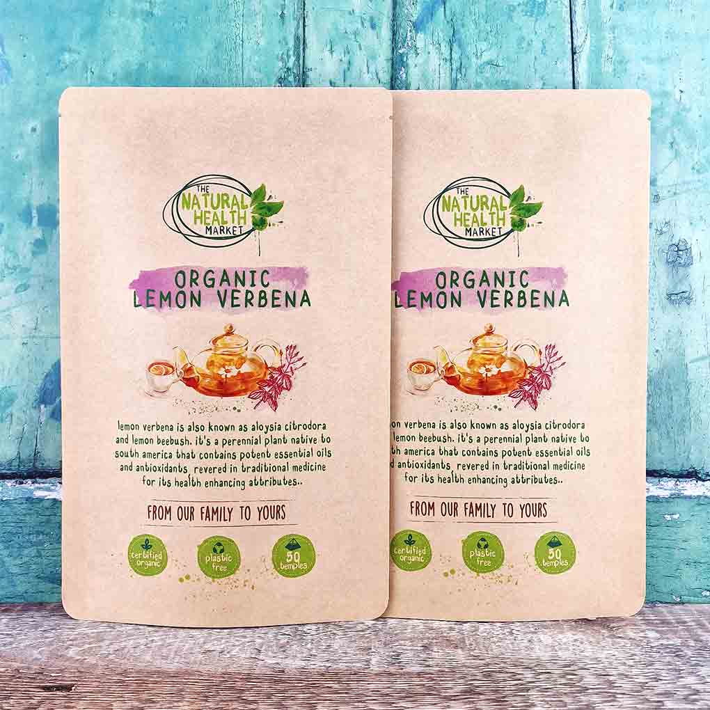 Organic lemon verbena tea bags - 100 bag pack - plastic free packaging.