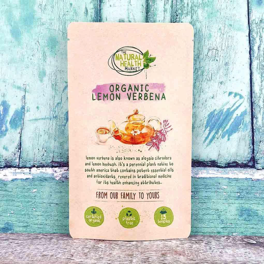 Organic lemon verbena tea bags - 15 bag pack - plastic free packaging.