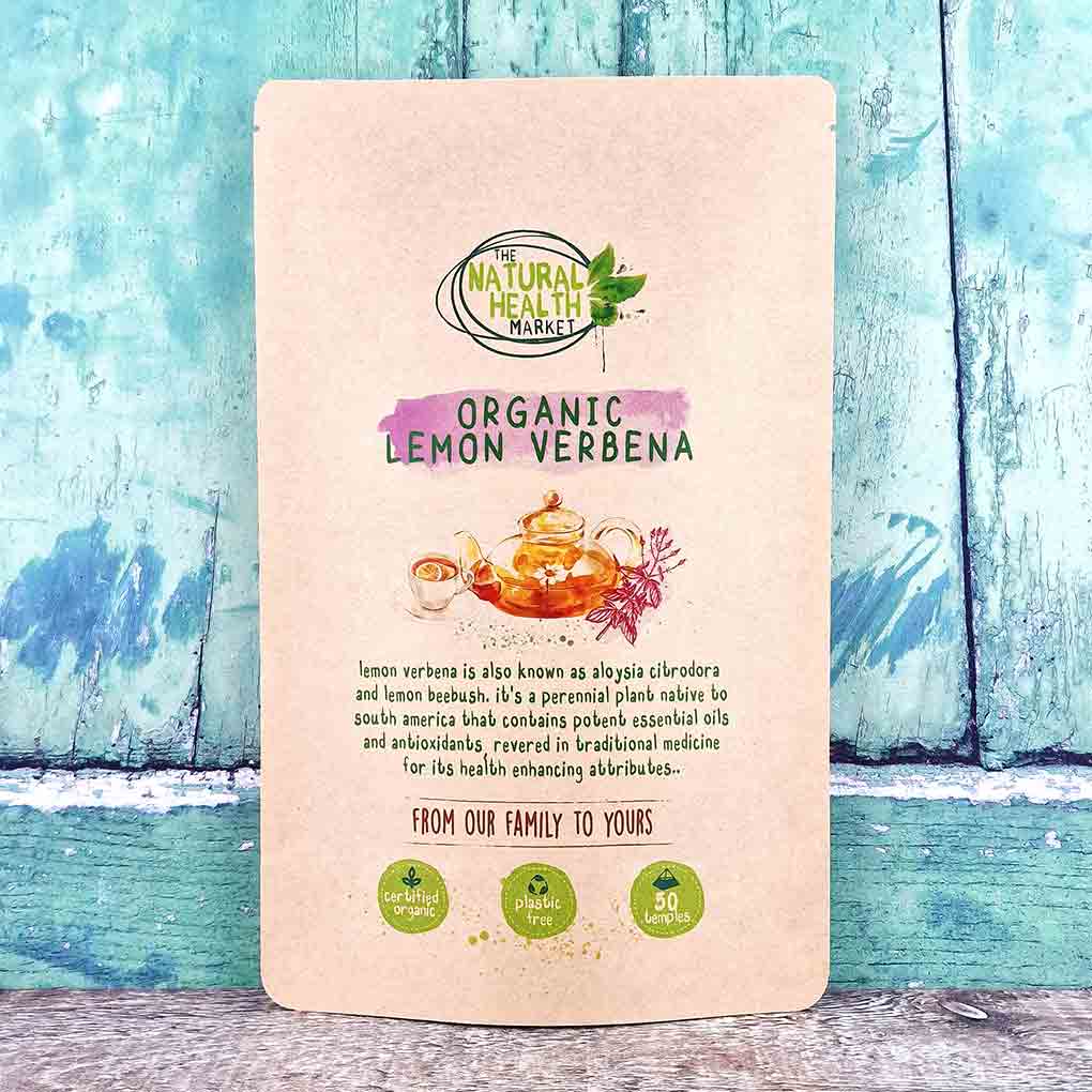 Organic lemon verbena tea bags - 50 bag pack - plastic free packaging.