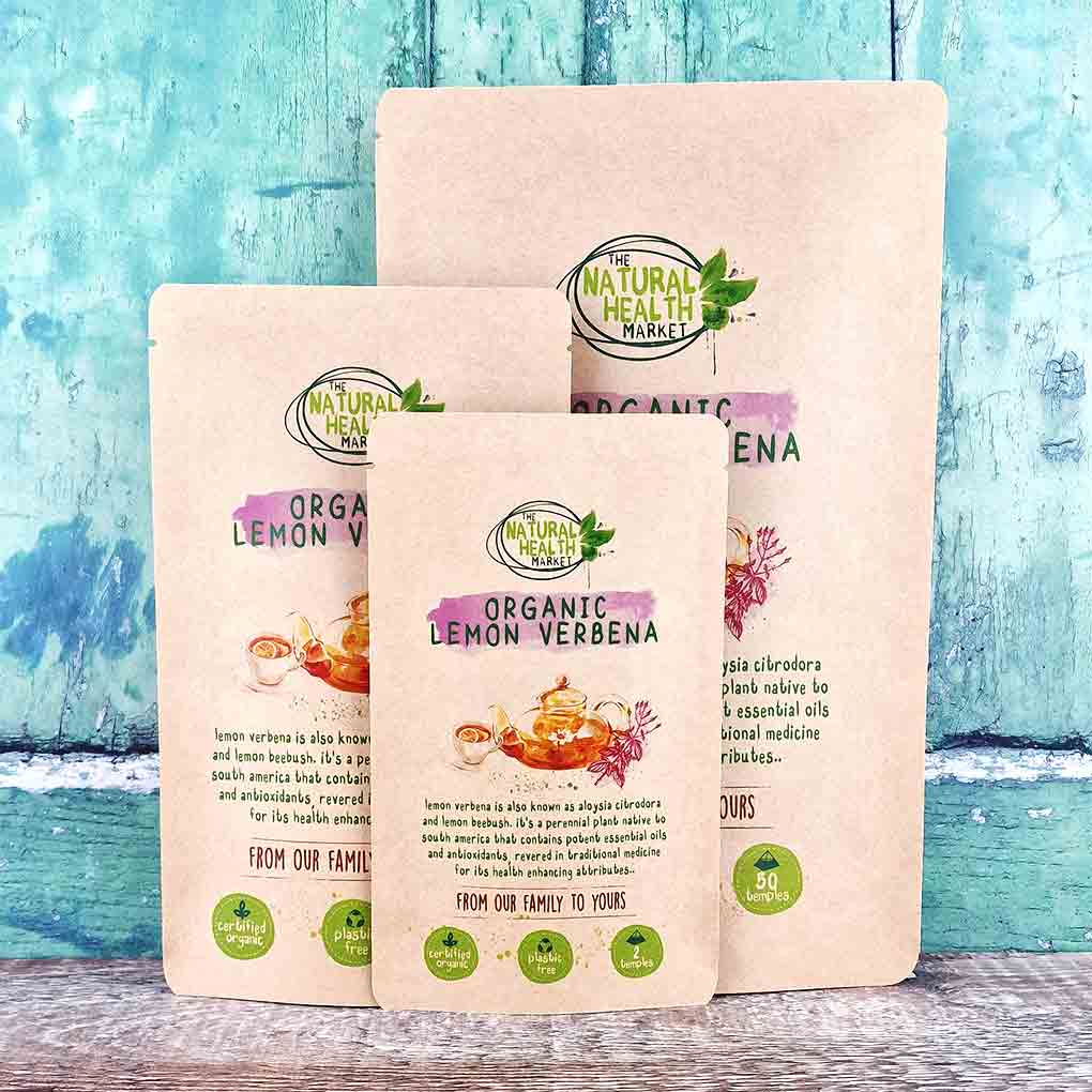 Organic lemon verbena tea bags - all sizes - plastic free packaging.