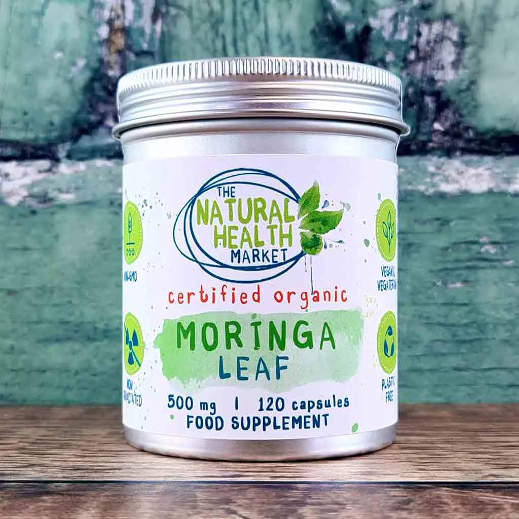 Organic Moringa Capsules 500mg 120 capsule tin by The Natural Health Market.