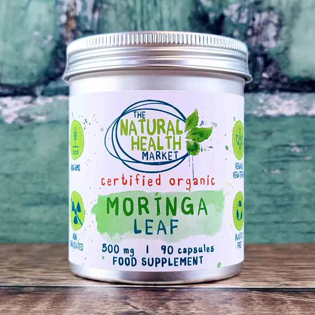 Organic Moringa Capsules 500mg 90 capsule tin by The Natural Health Market.