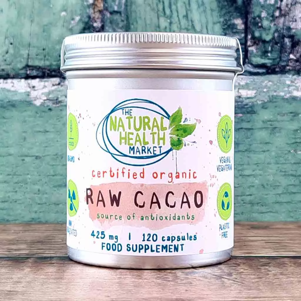 Raw organic cacao capsules 425mg - 120 Capsule tin - by The Natural Health Market.