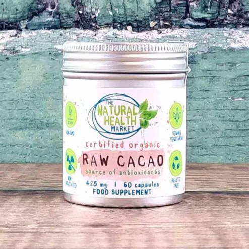 Raw organic cacao capsules 425mg - 60 Capsule tin - by The Natural Health Market.