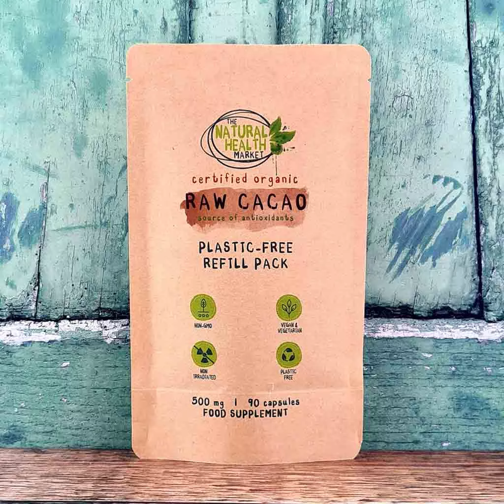 Raw organic cacao capsules 425mg - 90 Capsule pouch - by The Natural Health Market.