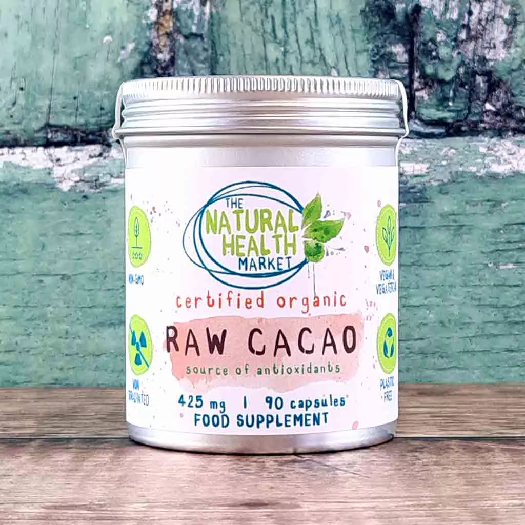 Raw organic cacao capsules 425mg - 90 Capsule tin - by The Natural Health Market.