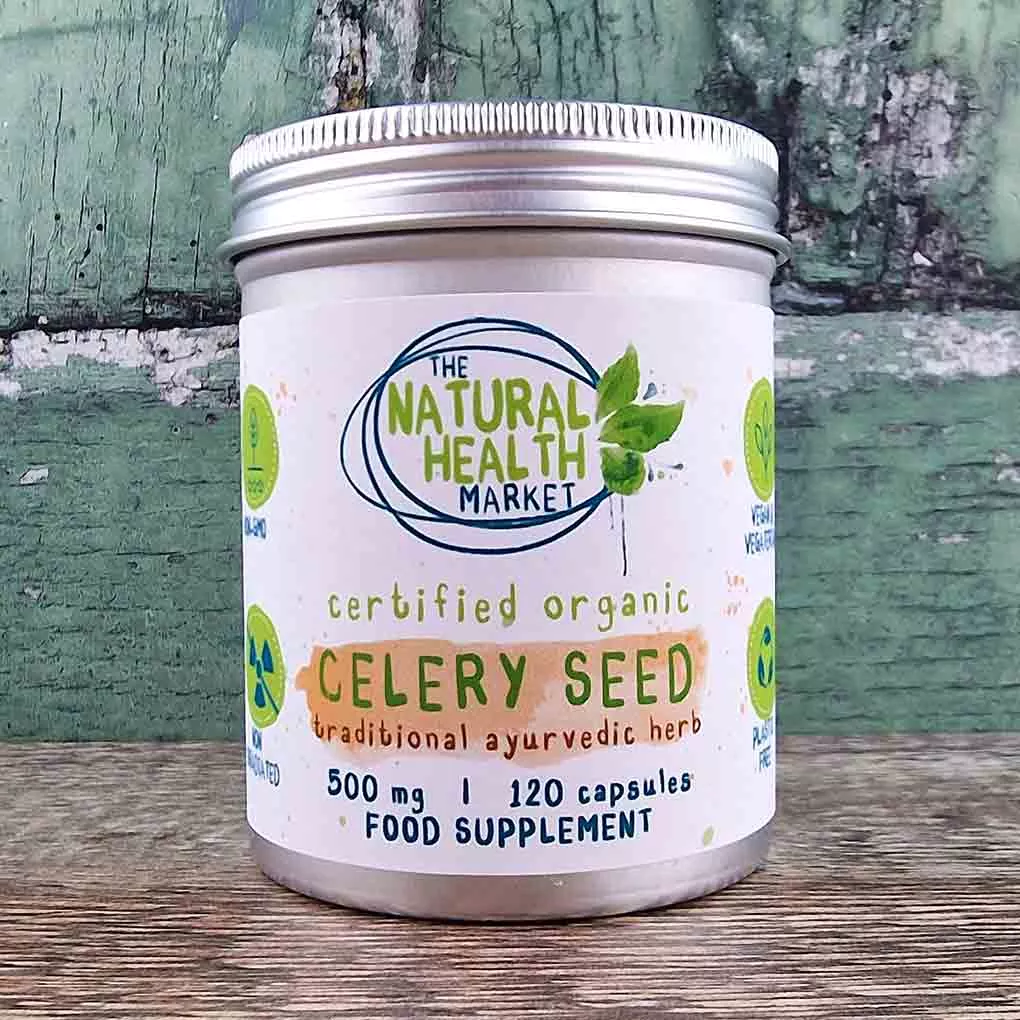 Organic celery seed capsules 500mg by The Natural Health Market - 120 capsule tin.
