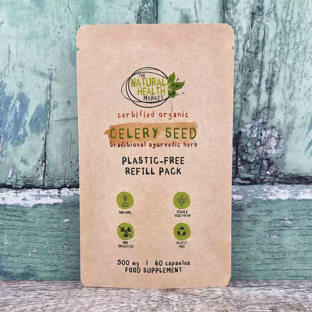 Organic celery seed capsules 500mg by The Natural Health Market - 60 capsule pouch.