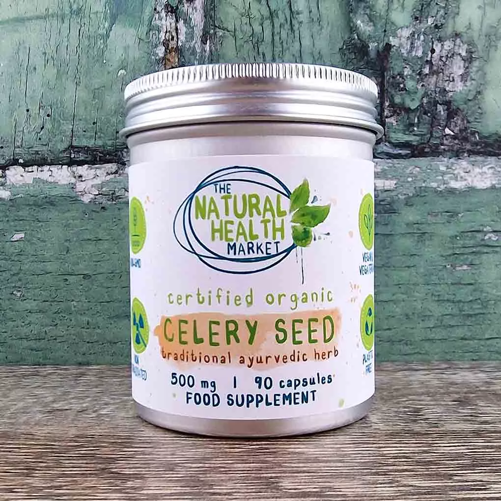 Organic celery seed capsules 500mg by The Natural Health Market - 90 capsule tin.