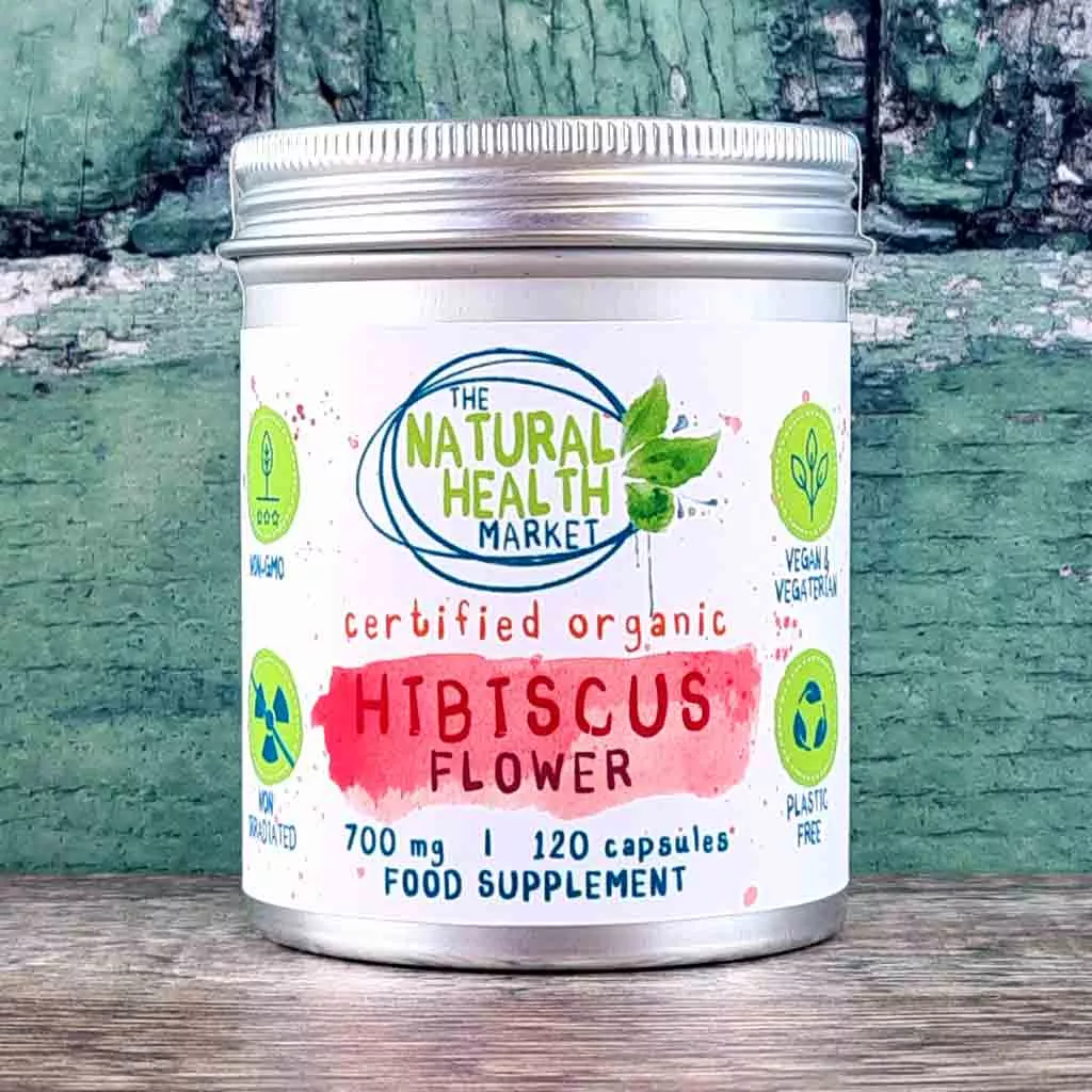 Organic Hibiscus Flower Capsules 700mg by The Natural Health Market - 120 capsule tin.