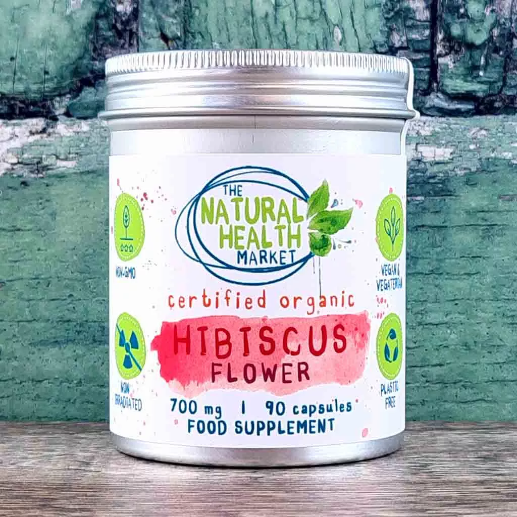 Organic Hibiscus Flower Capsules 700mg by The Natural Health Market - 90 capsule tin.