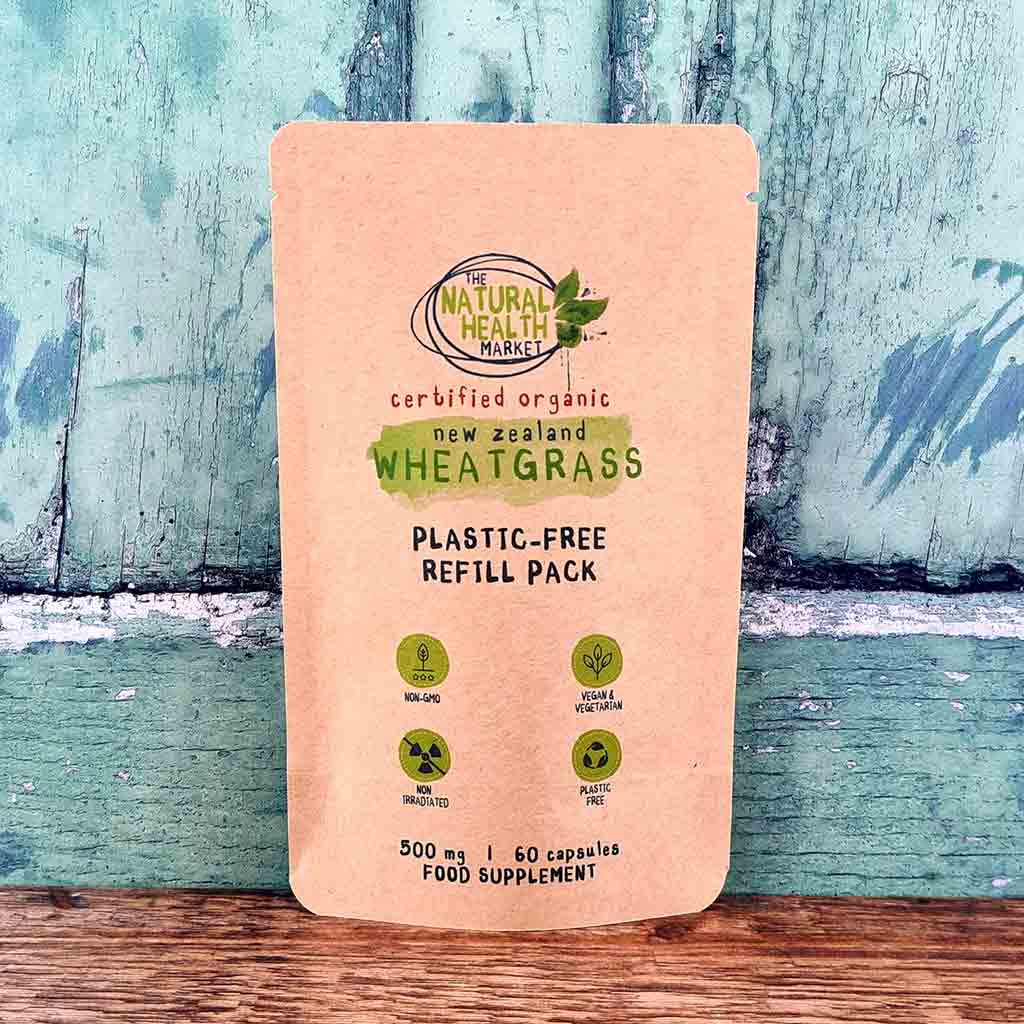 Organic New Zealand Wheatgrass capsules by The Natural Health Market - 60 capsule pouch.