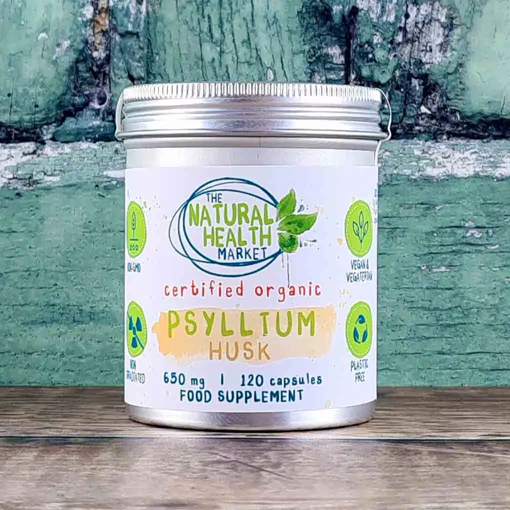 Organic psyllium husk capsules 650mg by The Natural Health market - 60 capsule tin.