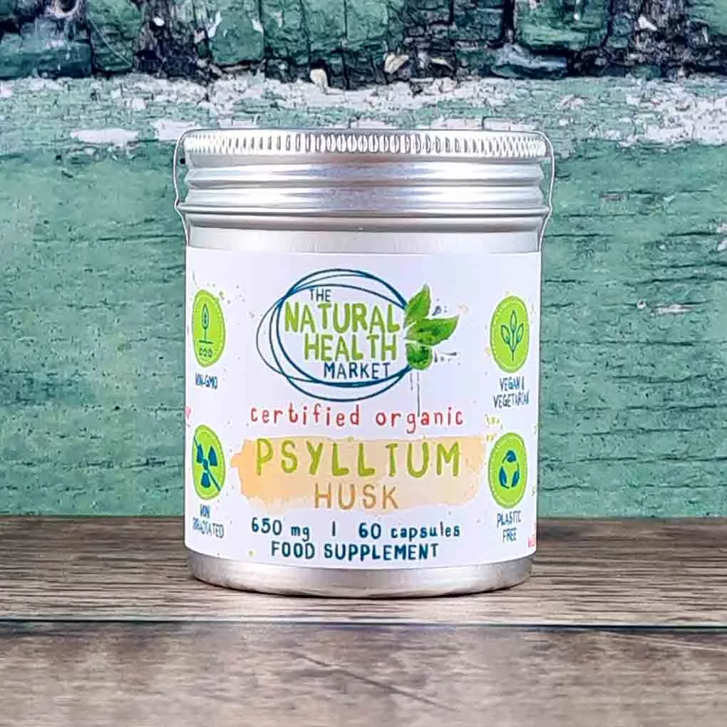 Organic psyllium husk capsules 650mg by The Natural Health market - 60 capsule tin.