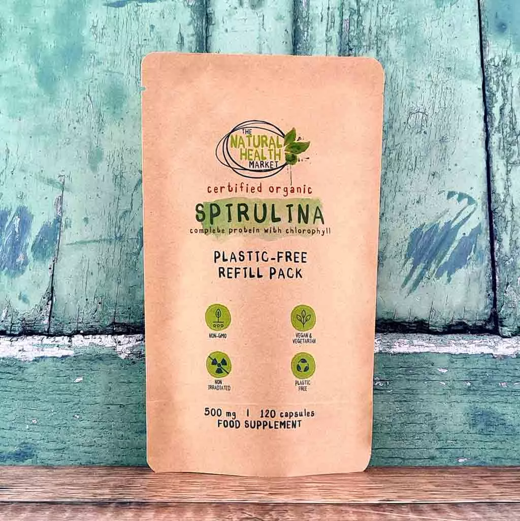 Organic Spirulina Capsules 500mg - 120 capsule pouch - by The Natural Health Market.