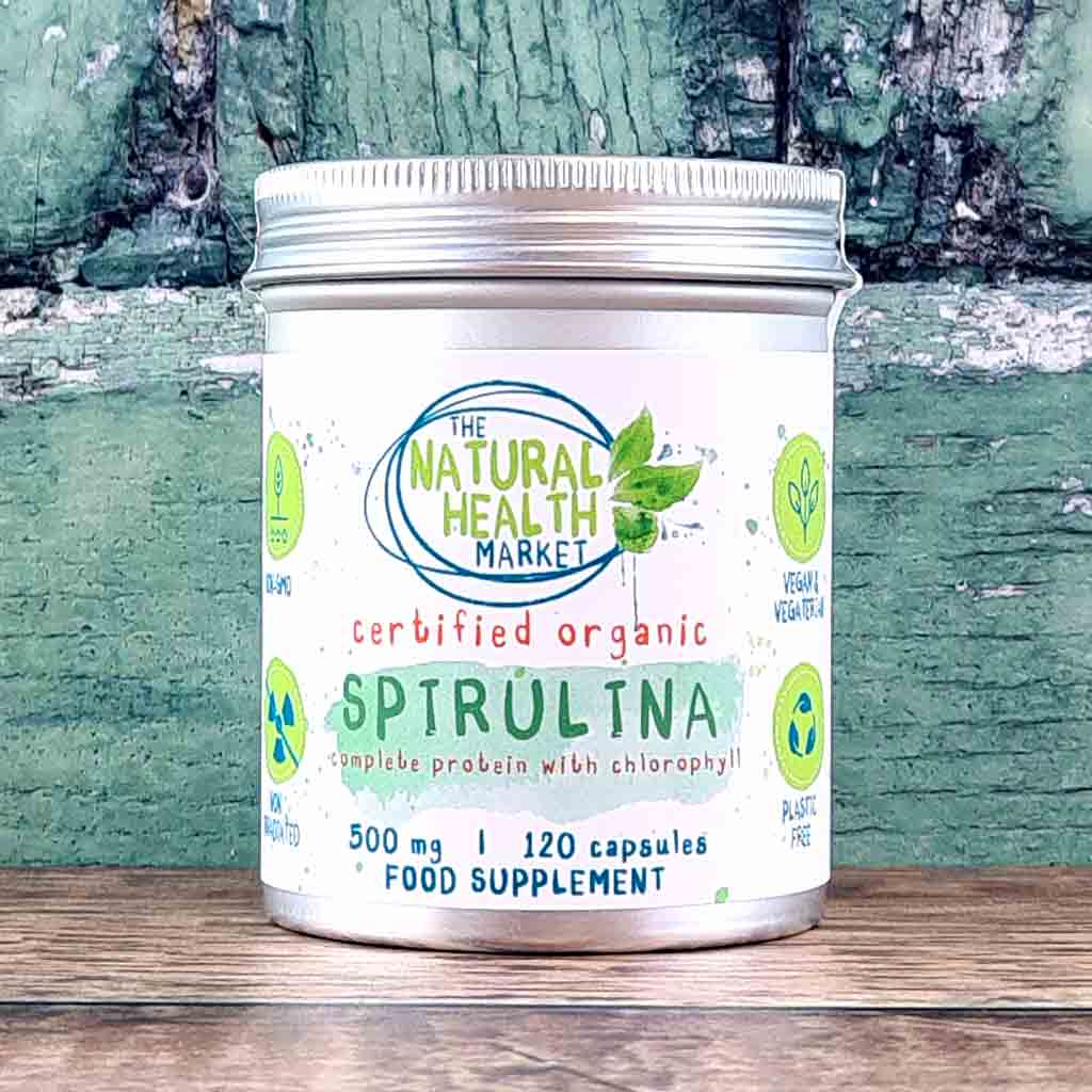 Organic Spirulina Capsules 500mg - 120 capsule tin - by The Natural Health Market.