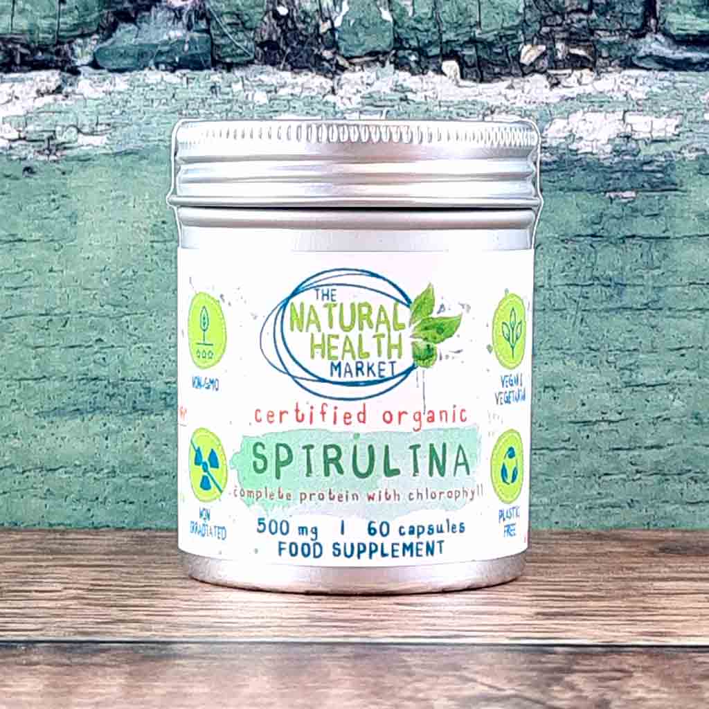 Organic Spirulina Capsules 500mg - 60 capsule tin - by The Natural Health Market.