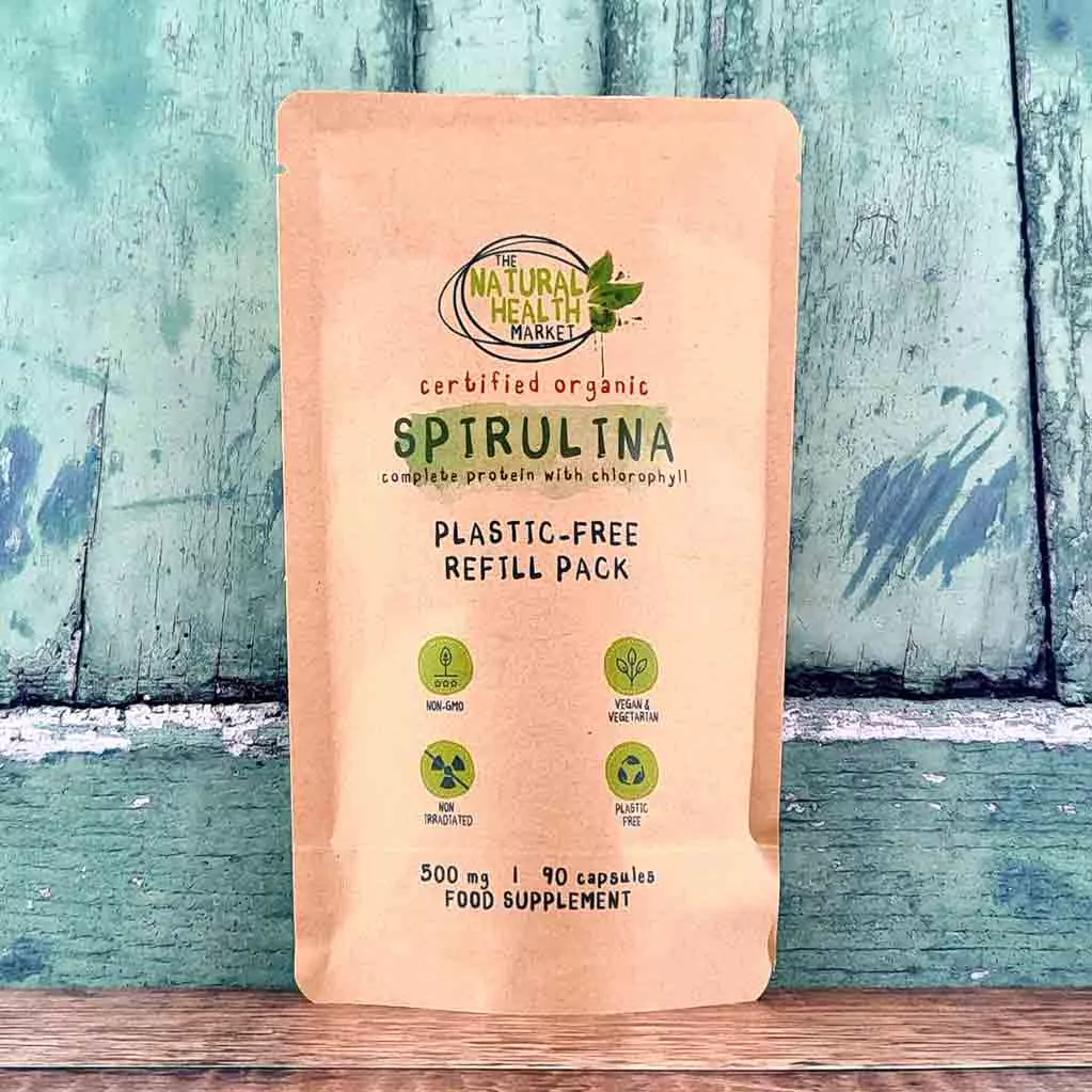 Organic Spirulina Capsules 500mg - 90 capsule pouch - by The Natural Health Market.