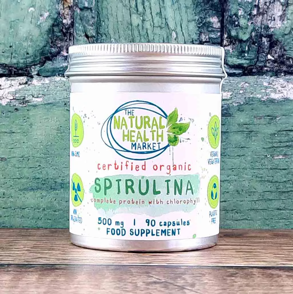 Organic Spirulina Capsules 500mg - 90 capsule tin - by The Natural Health Market.