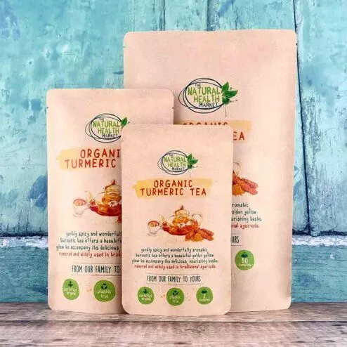 Organic turmeric tea bags all sizes pack by The Natural Health Market.