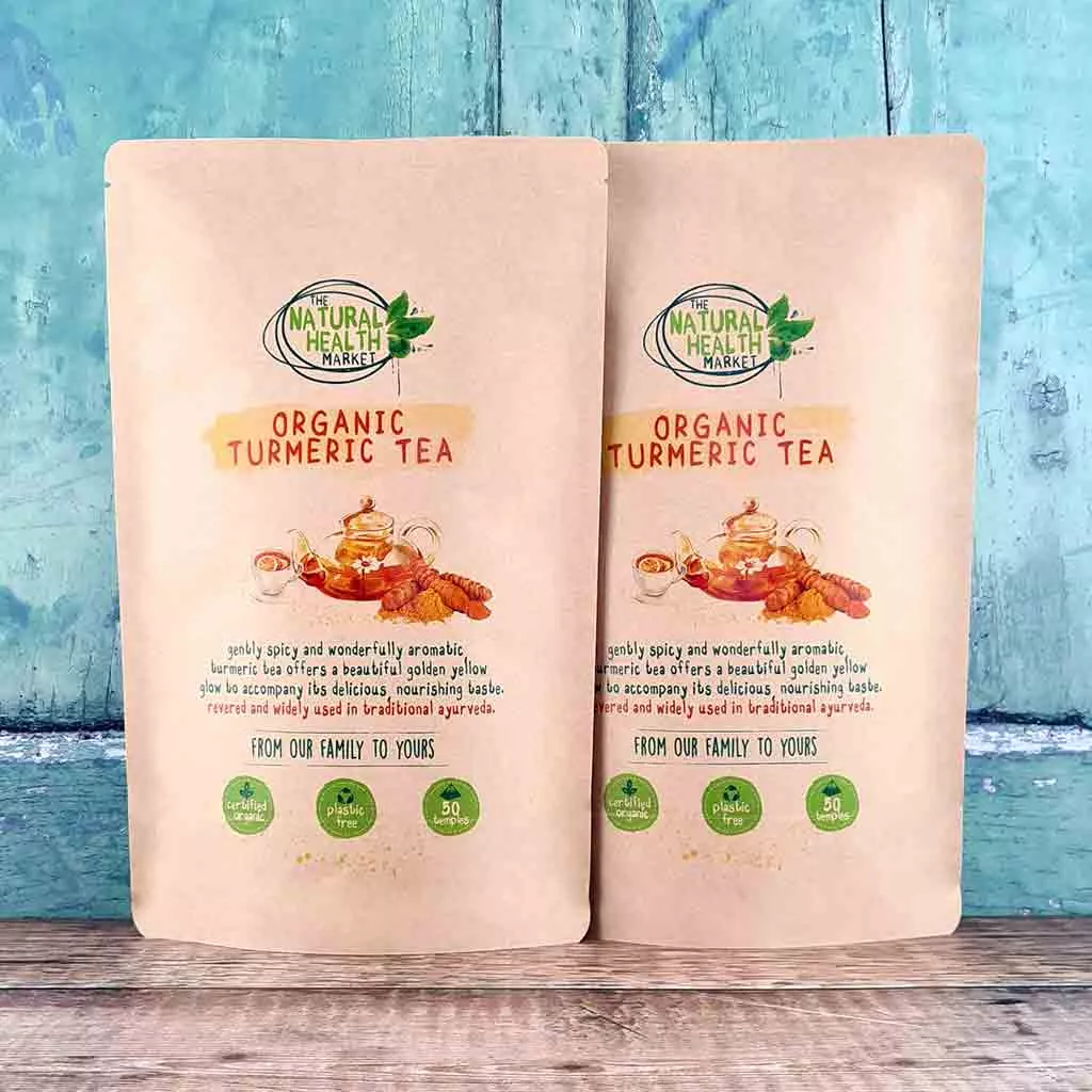 Organic turmeric tea bags 100 bag pack by The Natural Health Market.