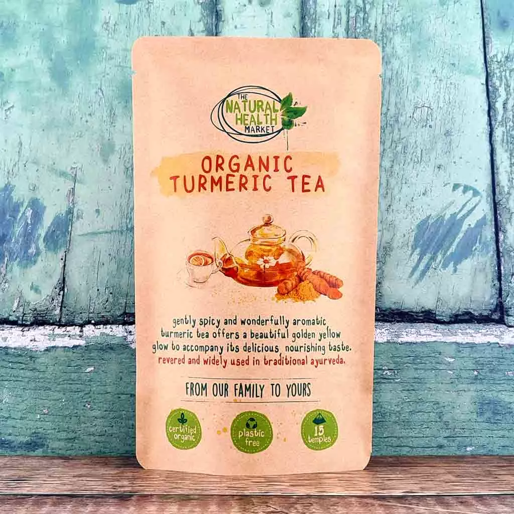 Organic turmeric tea bags 15 bag pack by The Natural Health Market.