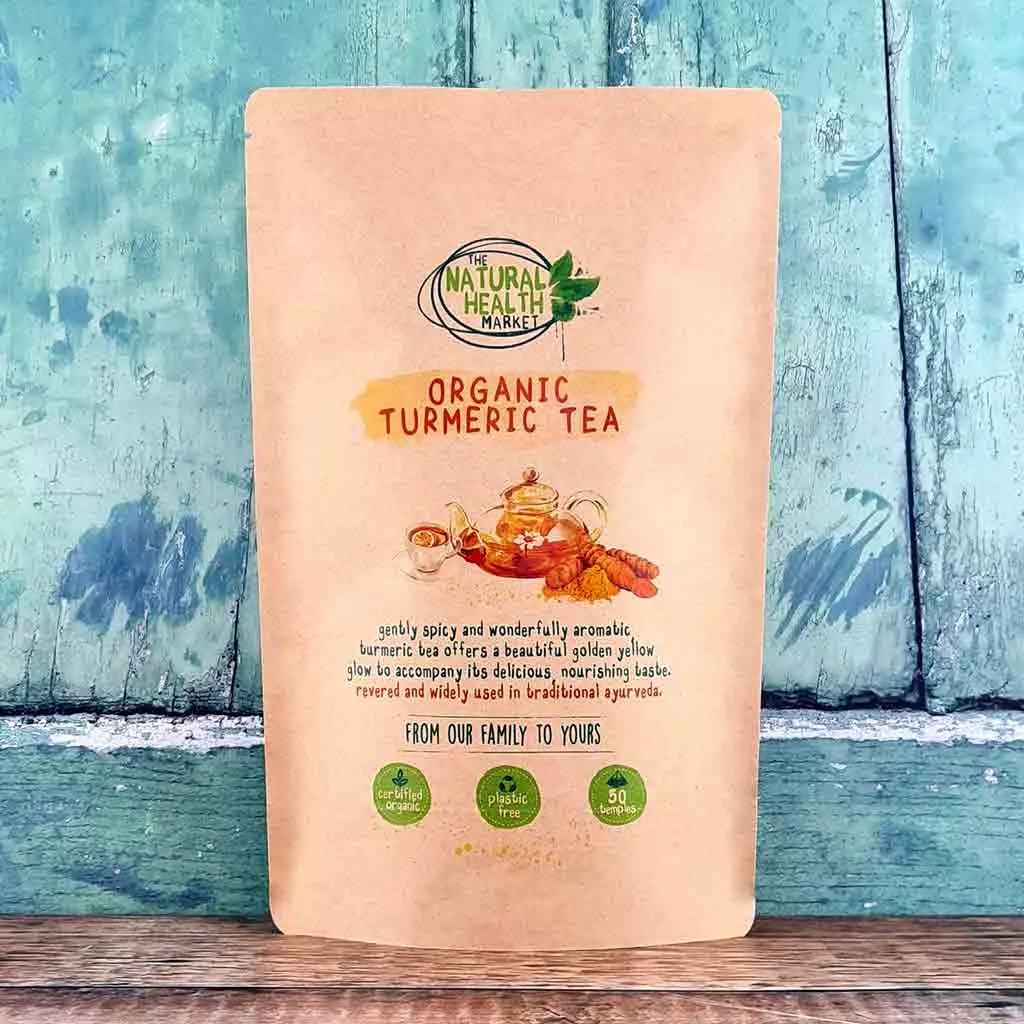 Organic turmeric tea bags 50 bag pack by The Natural Health Market.