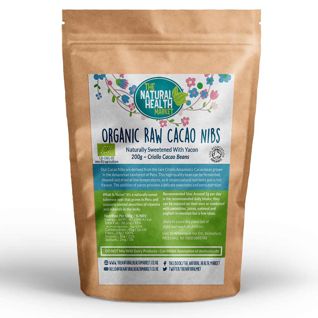 Organic raw cacao nibs with yacon 200g pack by The Natural Health Market.