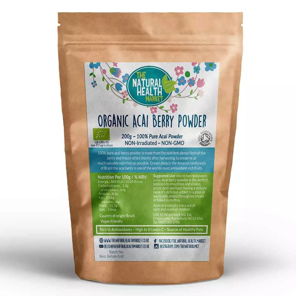 Organic Acai Berry Powder 200g pack by The Natural Health Market.