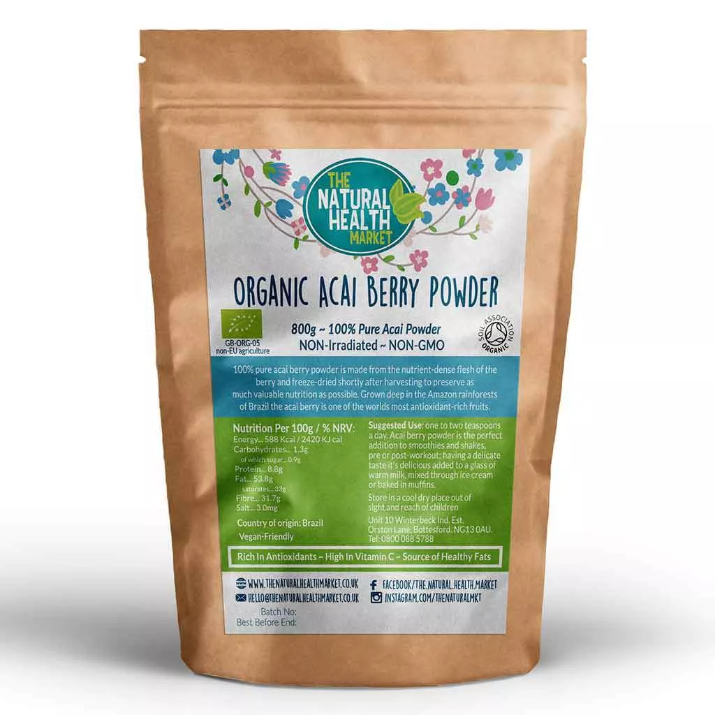 Organic Acai Berry Powder 800g pack by The Natural Health Market.