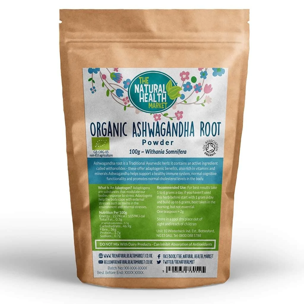 Organic ashwagandha root powder 100g pouch by The natural Health Market.