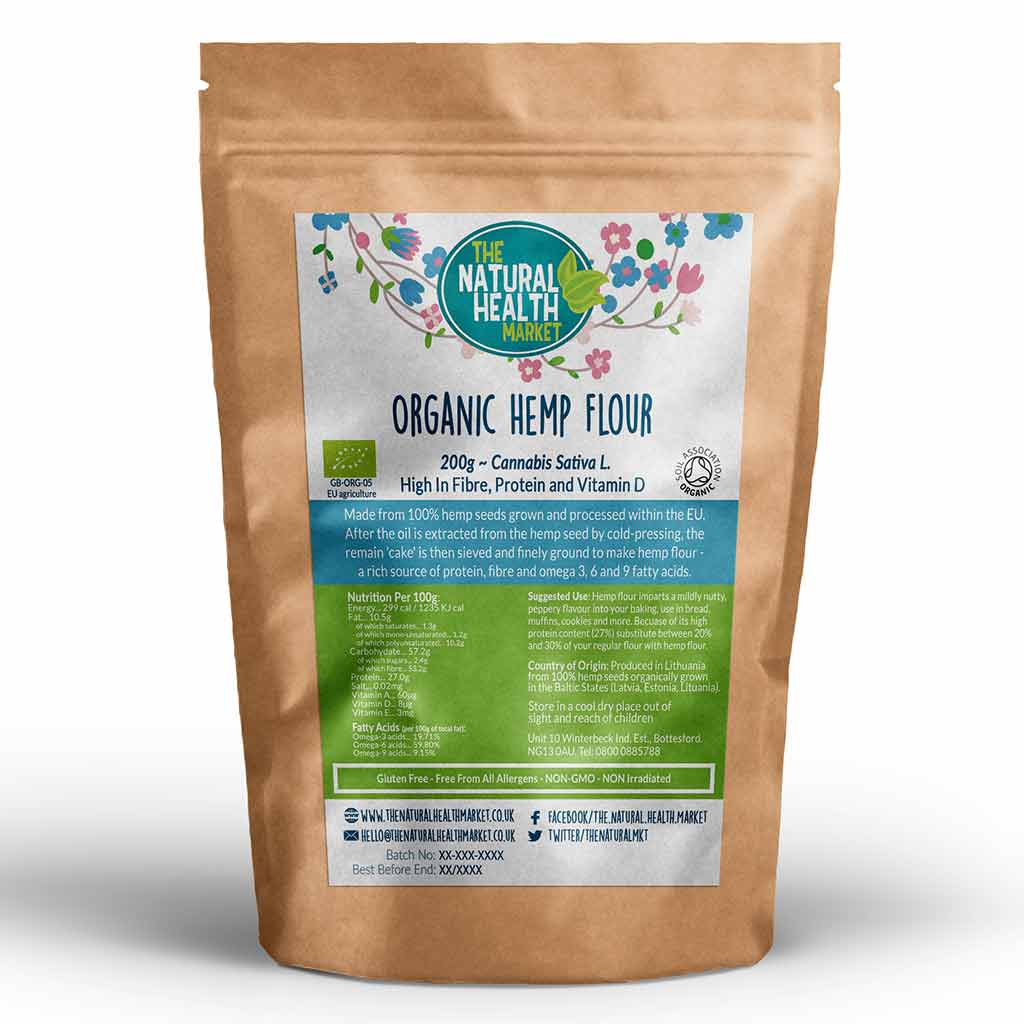 Organic hemp flour 200g pack by The Natural Health Market.