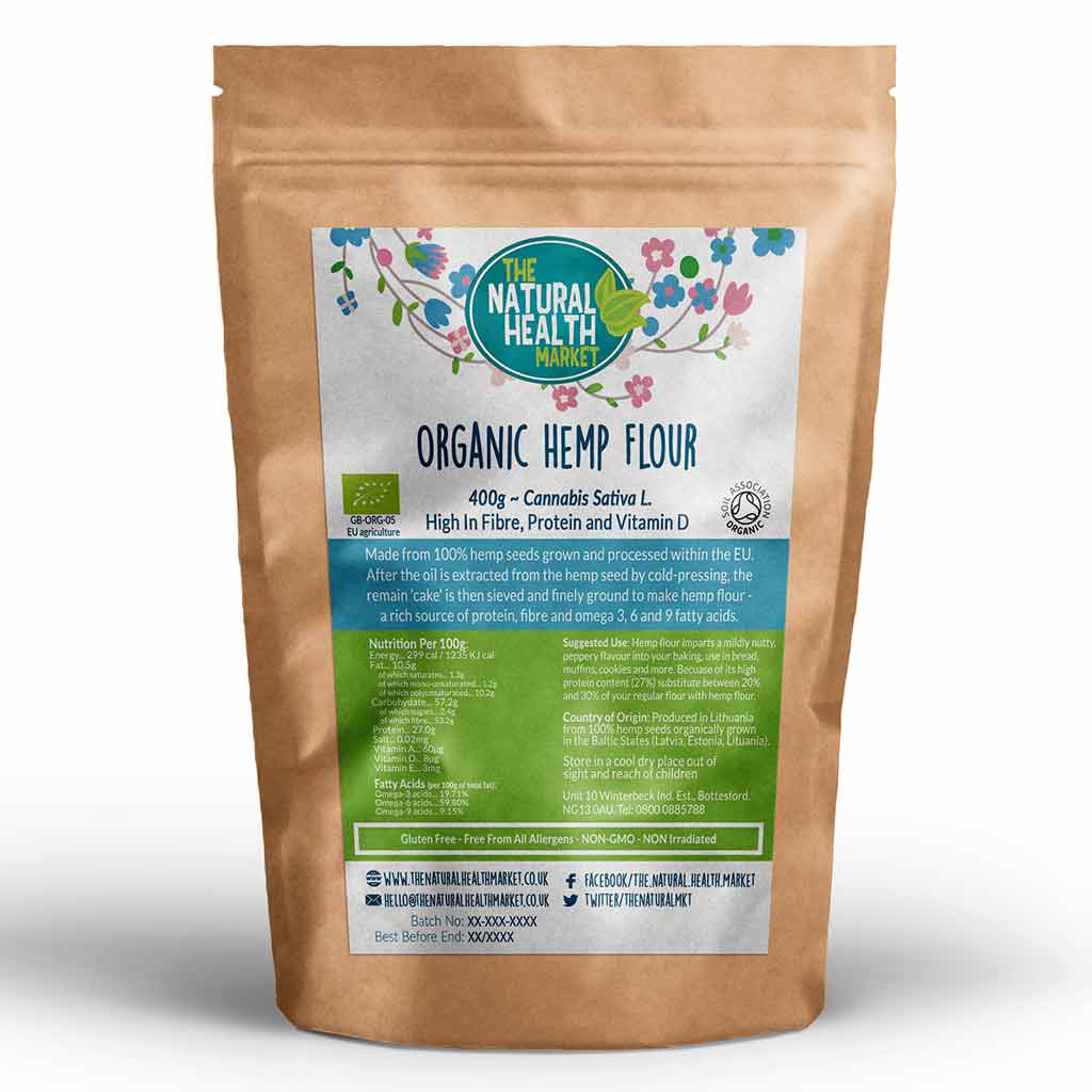 Organic hemp flour 400g pack by The Natural Health Market.