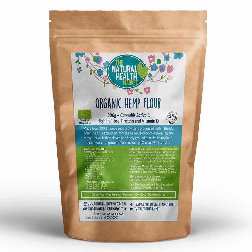 Organic hemp flour 800g pack by The Natural Health Market.