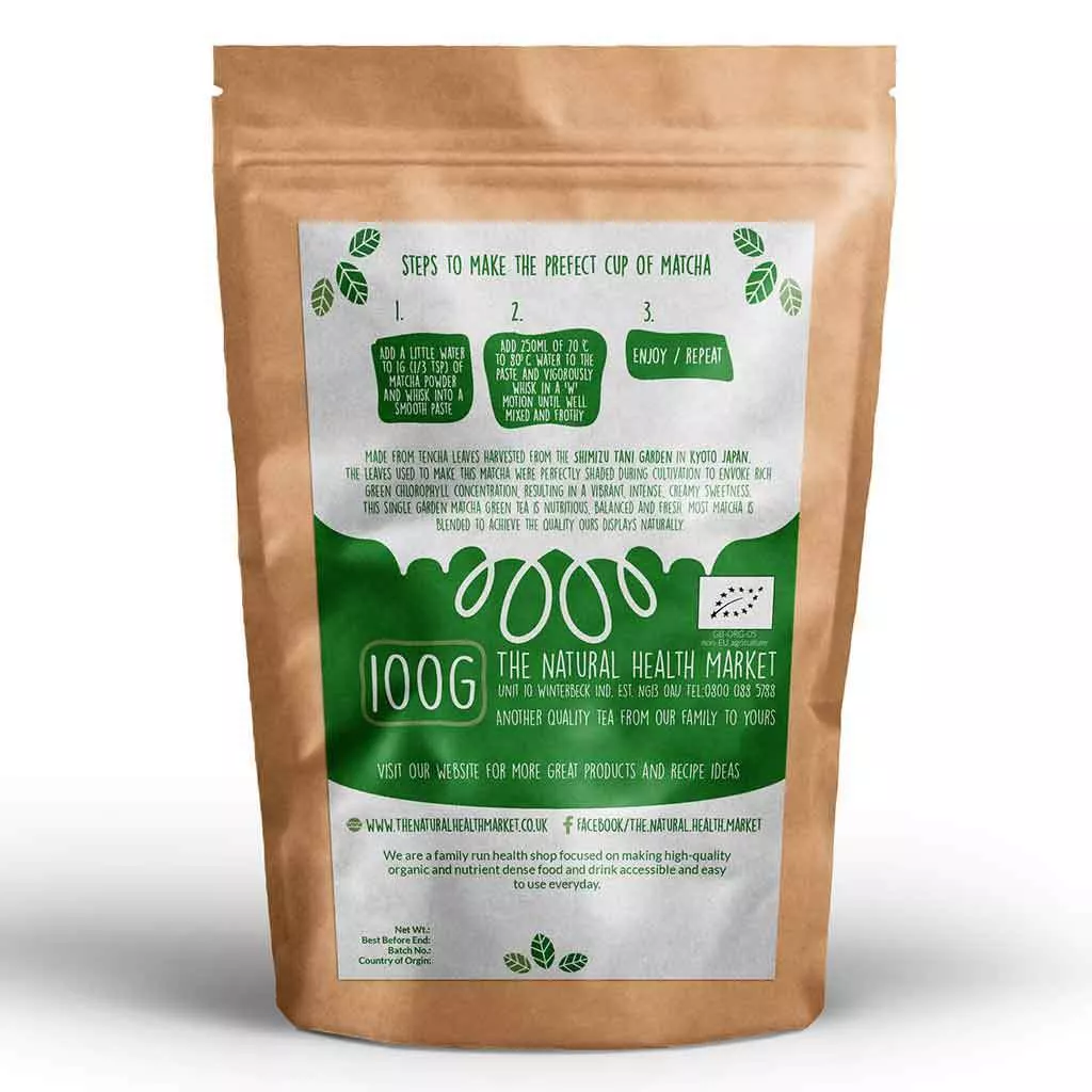 Organic matcha tea powder from The Shimizu Tani Organic Garden. 100g pack.