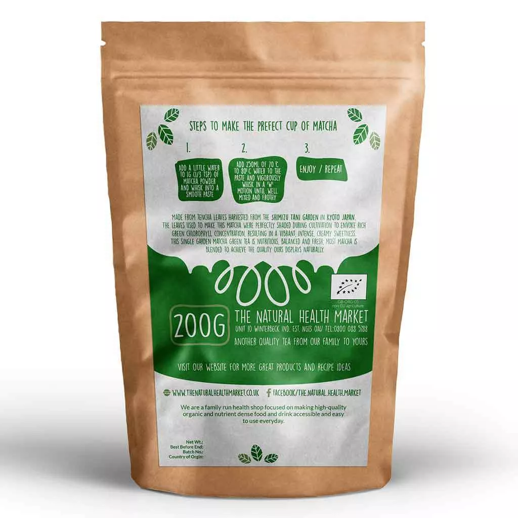Organic matcha tea powder from The Shimizu Tani Organic Garden. 200g pack.