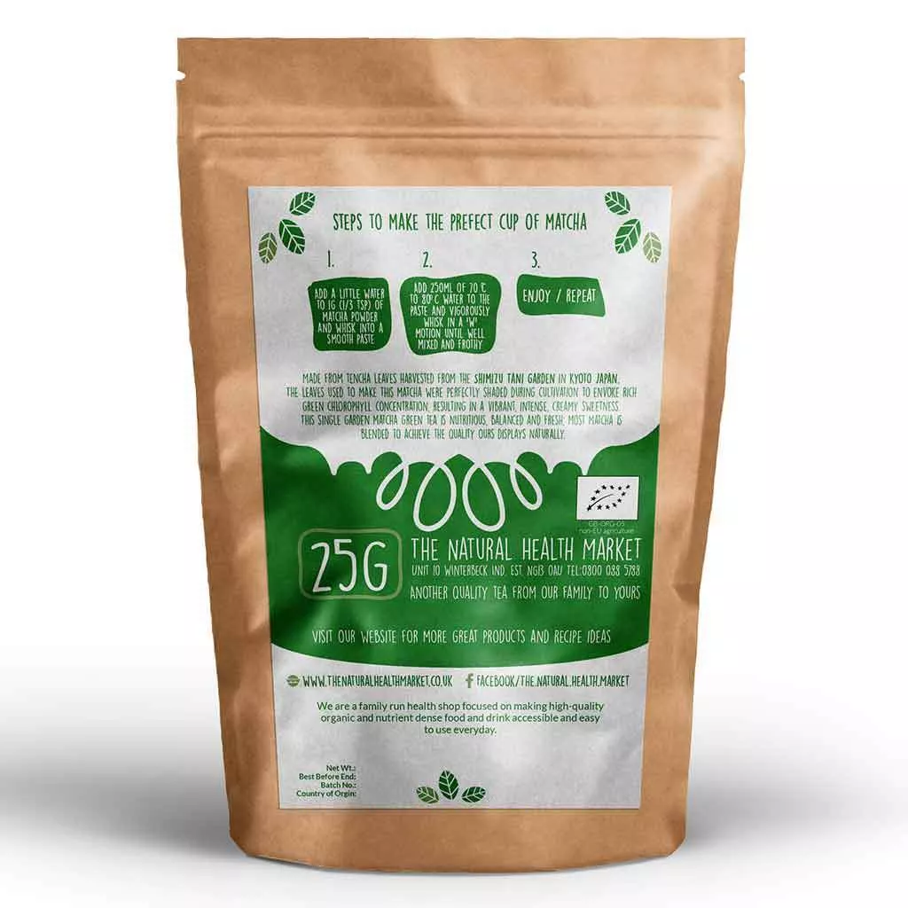 Organic matcha tea powder from The Shimizu Tani Organic Garden. 25g pack.