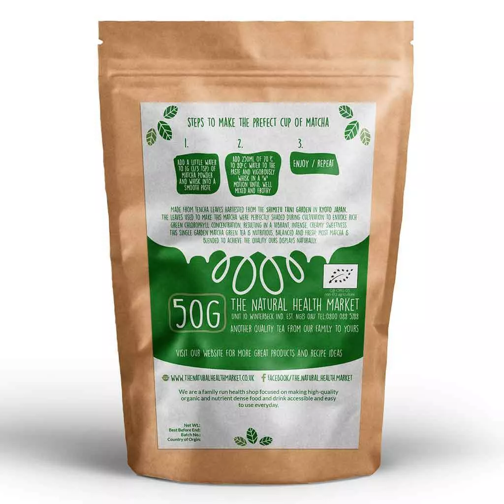 Organic matcha tea powder from The Shimizu Tani Organic Garden. 50g pack.